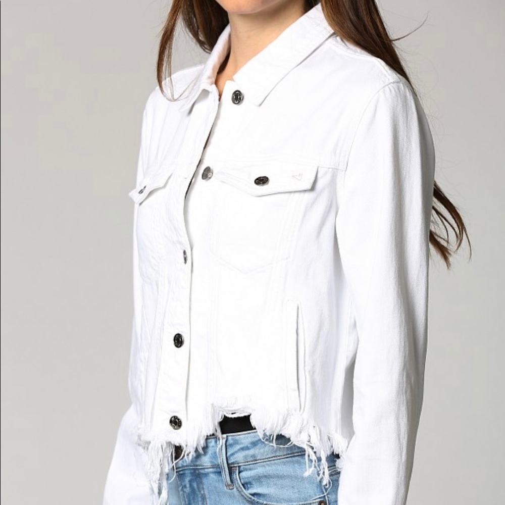 HIDDEN Jeans White Distressed Frayed Denim Jacket - Picture 5 of 5